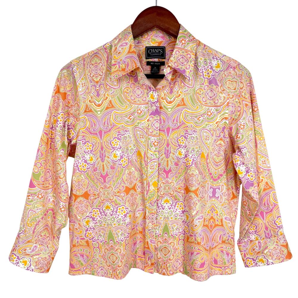 Ralph Lauren Chaps Classics No Iron Womens Medium Pink Orange Easter Shirt Top